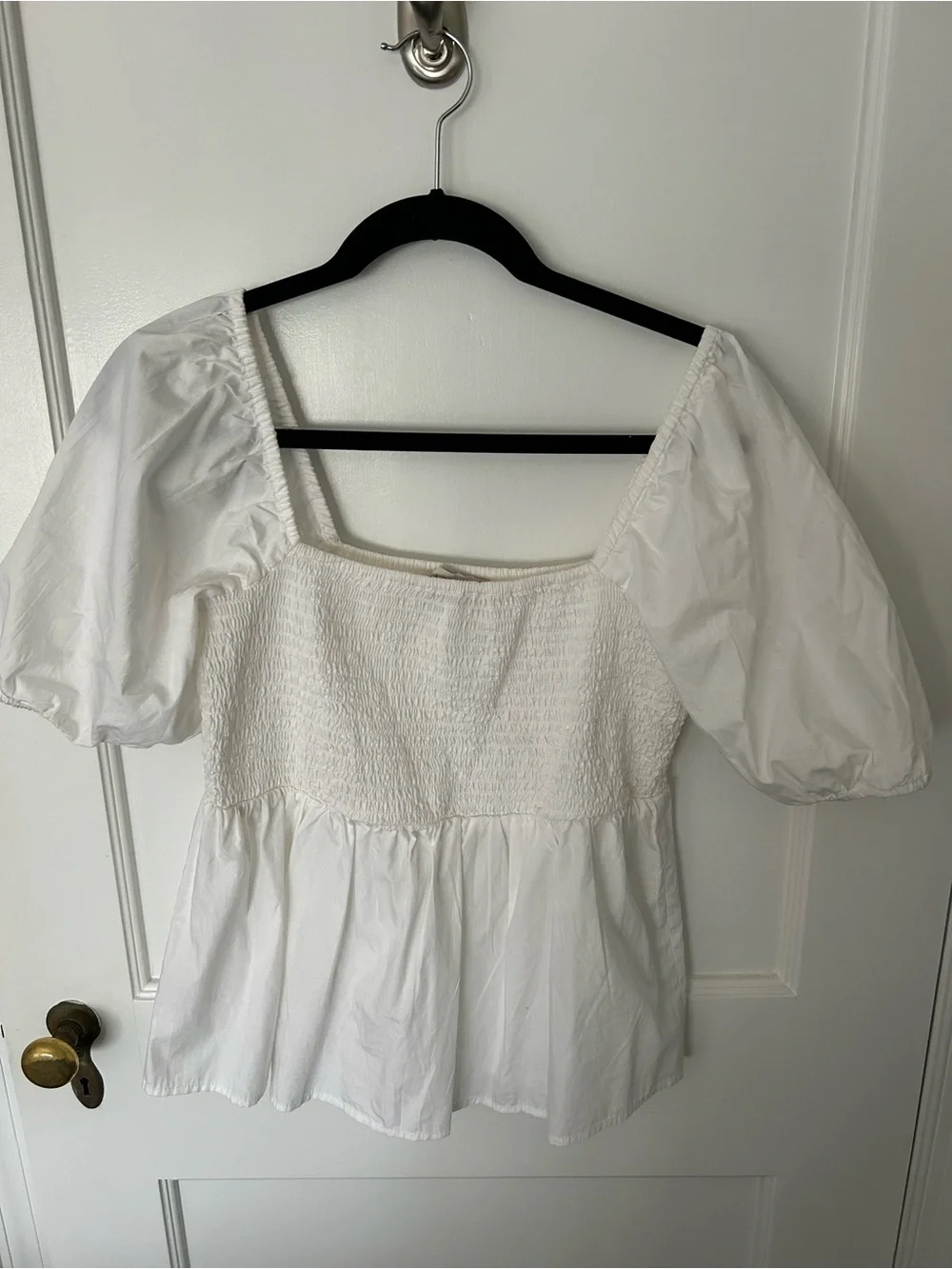LOFT White Square Neck Puff Sleeve Smocked Peplum Top